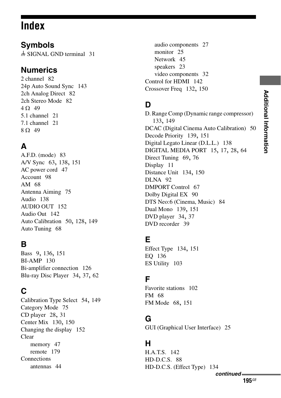 Index, Symbols, Numerics | Sony STR-DA5500ES User Manual | Page 195 / 198