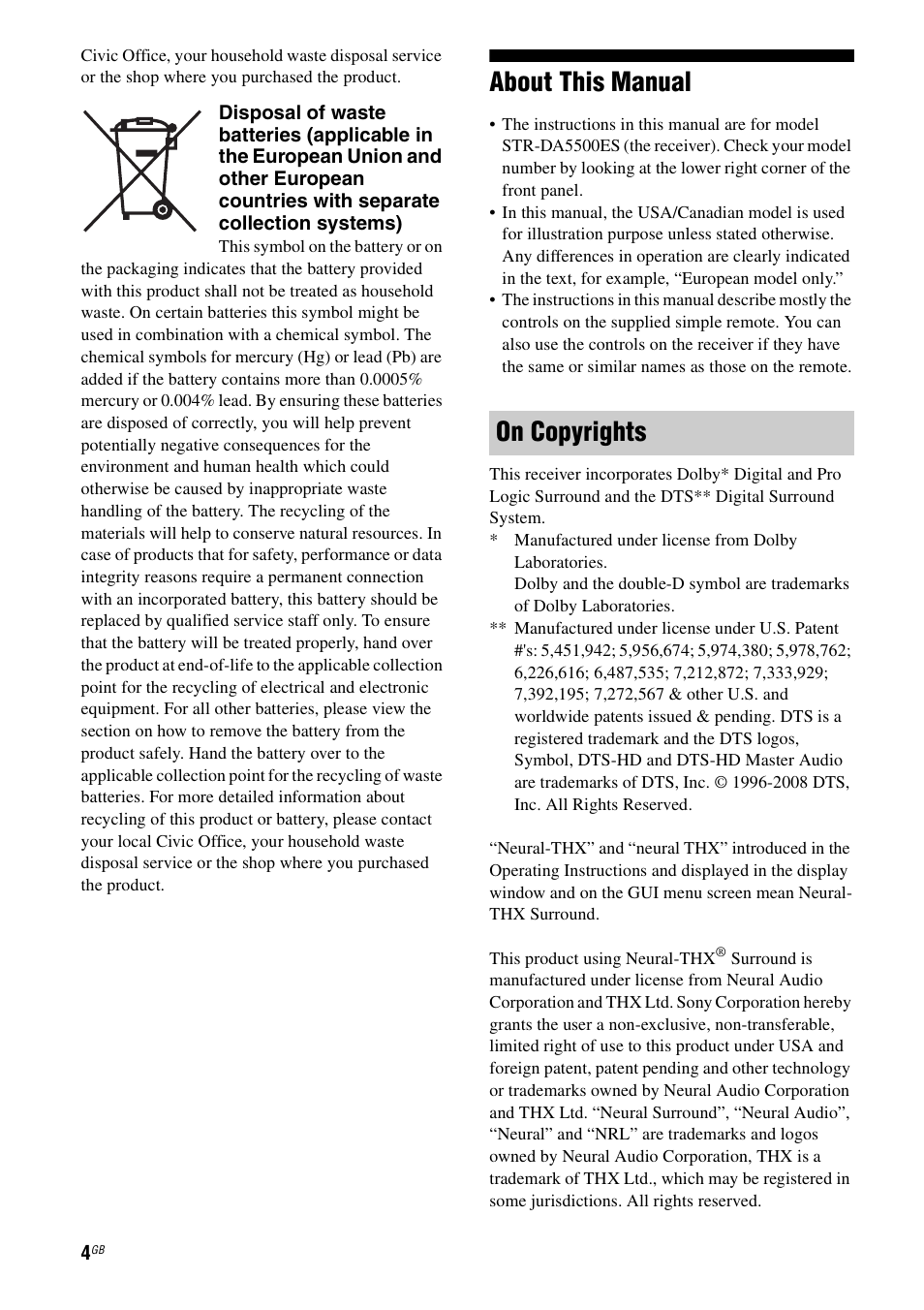 About this manual, On copyrights | Sony STR-DA5500ES User Manual | Page 4 / 198