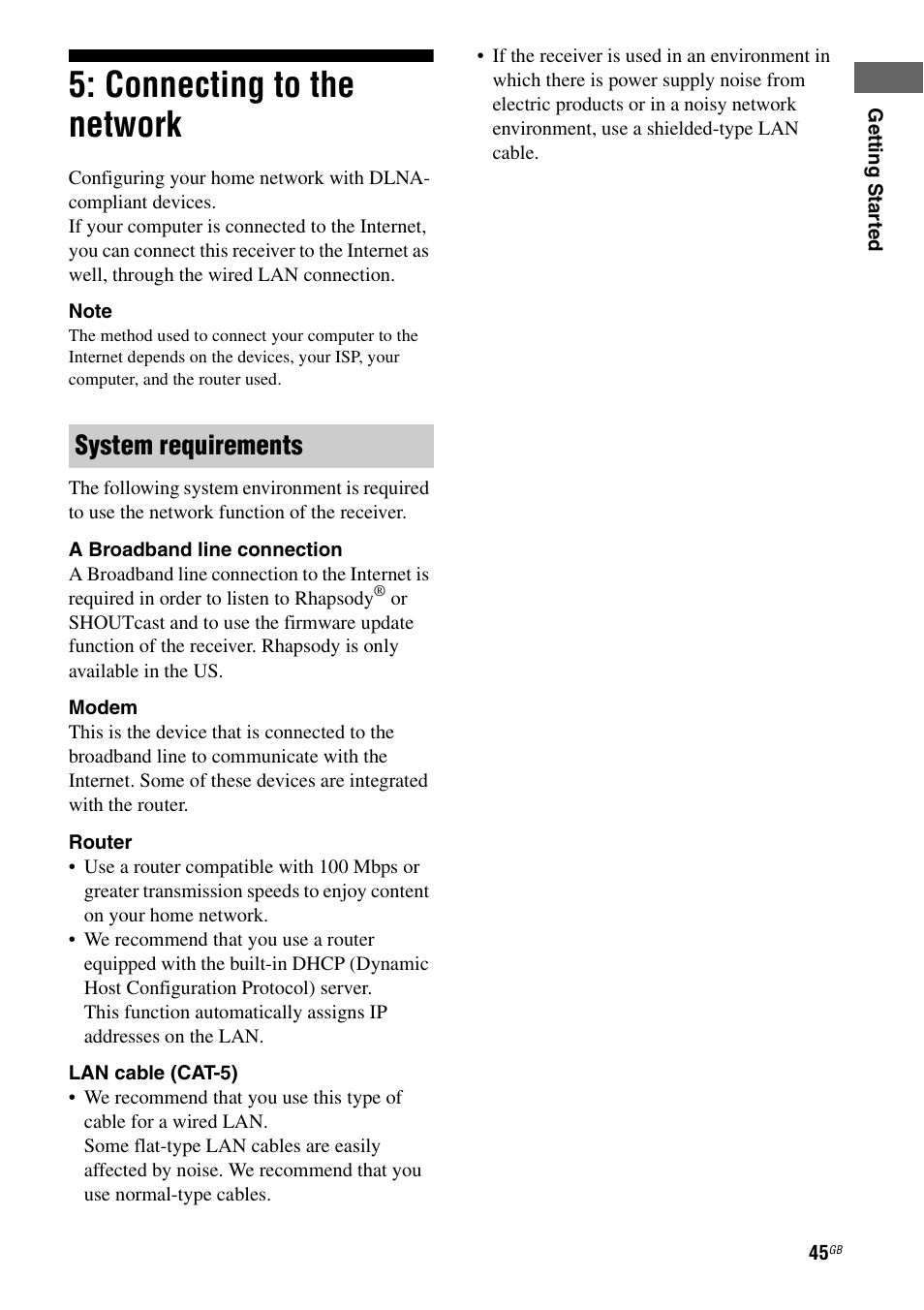 Connecting to the network, System requirements | Sony STR-DA5500ES User Manual | Page 45 / 198