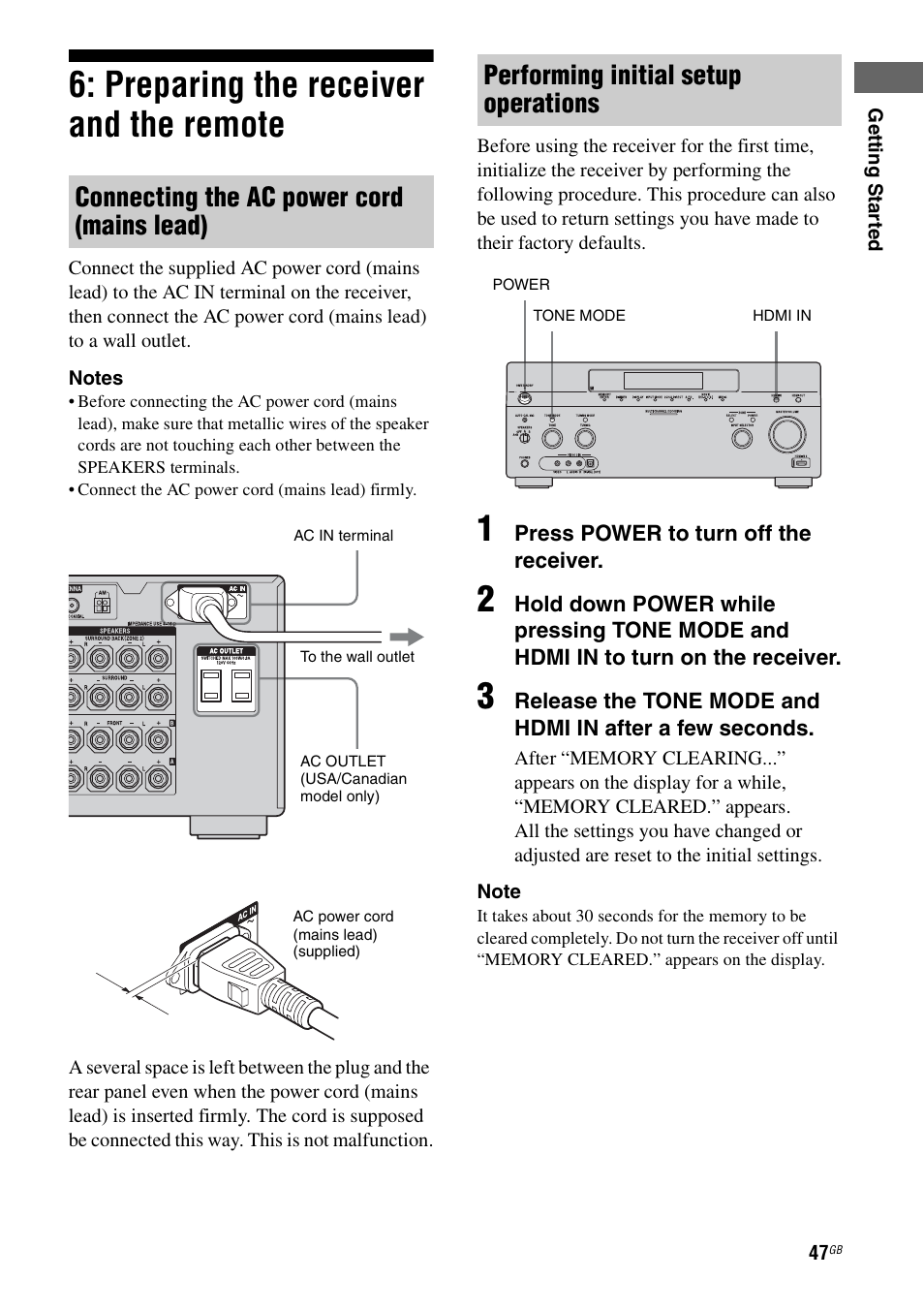 Preparing the receiver and the remote, Connecting the ac power cord (mains lead), Performing initial setup operations | Sony STR-DA5500ES User Manual | Page 47 / 198