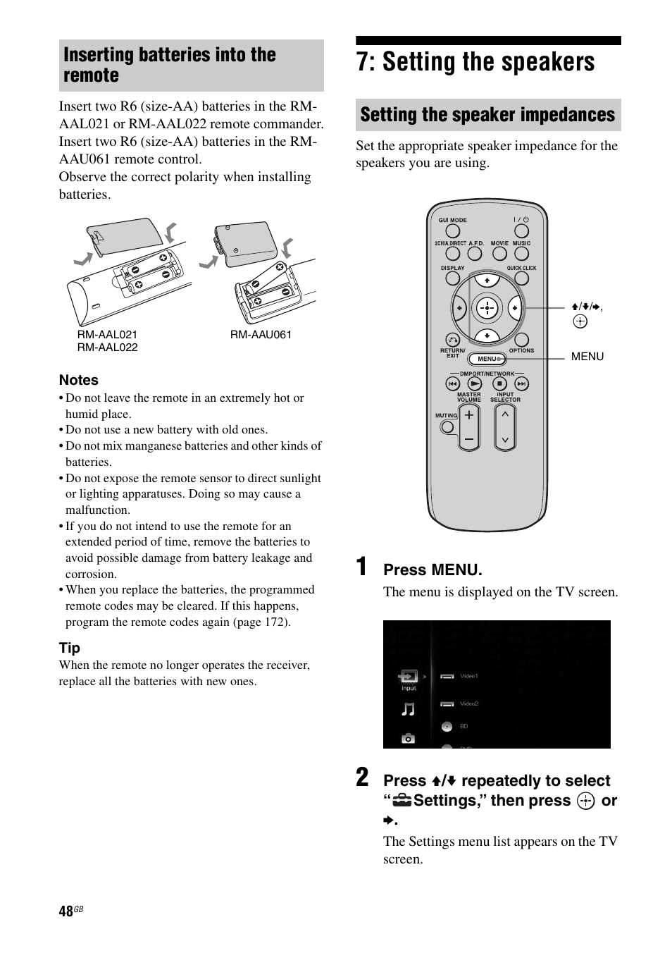Setting the speakers, Inserting batteries into the remote, Setting the speaker impedances | Sony STR-DA5500ES User Manual | Page 48 / 198