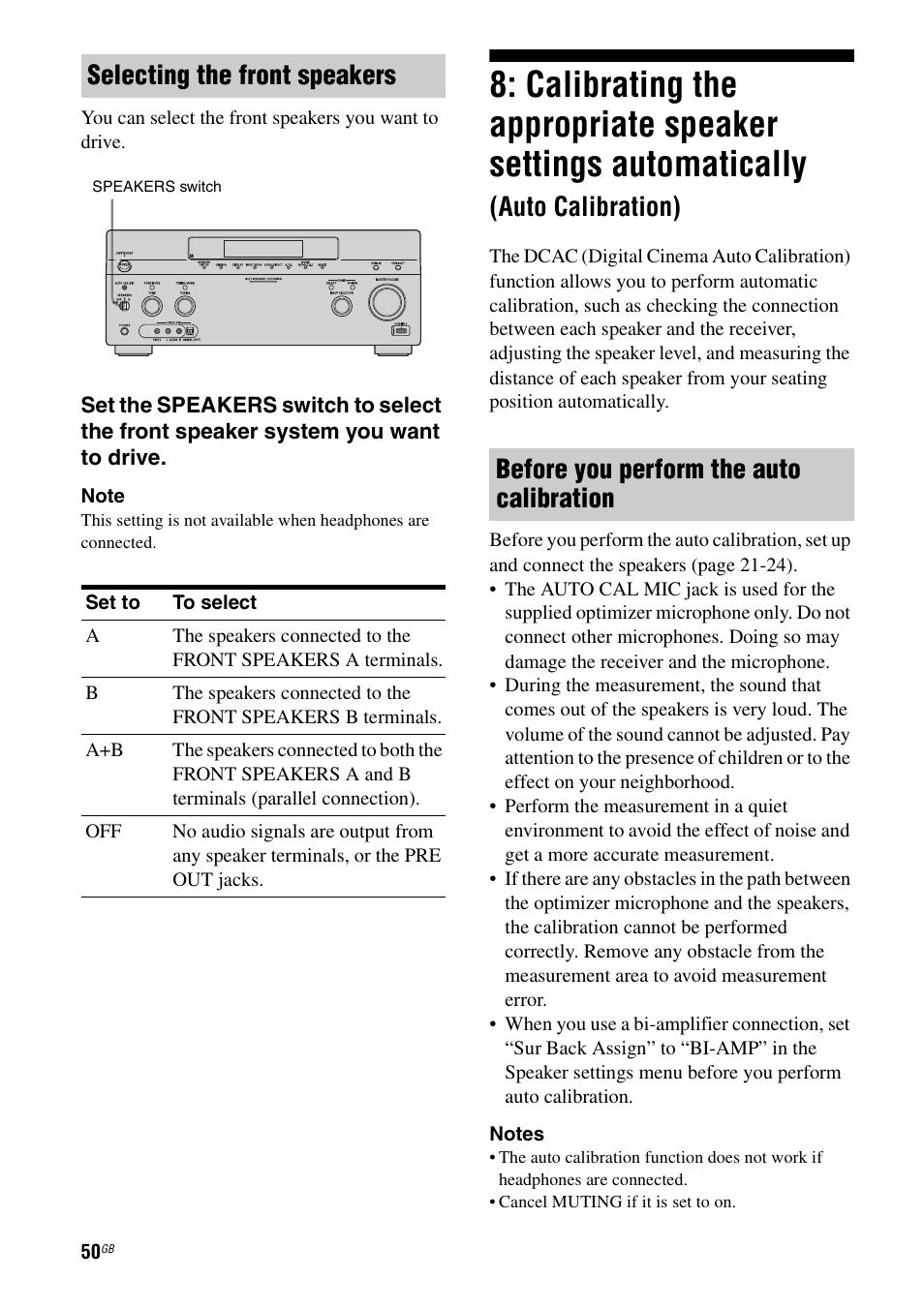 Calibrating the appropriate speaker settings, Automatically (auto calibration), Auto calibration) | Selecting the front speakers, Before you perform the auto calibration | Sony STR-DA5500ES User Manual | Page 50 / 198
