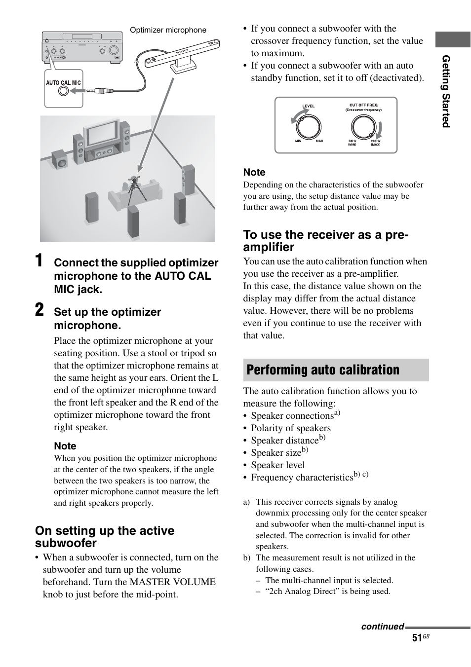 Performing auto calibration, On setting up the active subwoofer | Sony STR-DA5500ES User Manual | Page 51 / 198