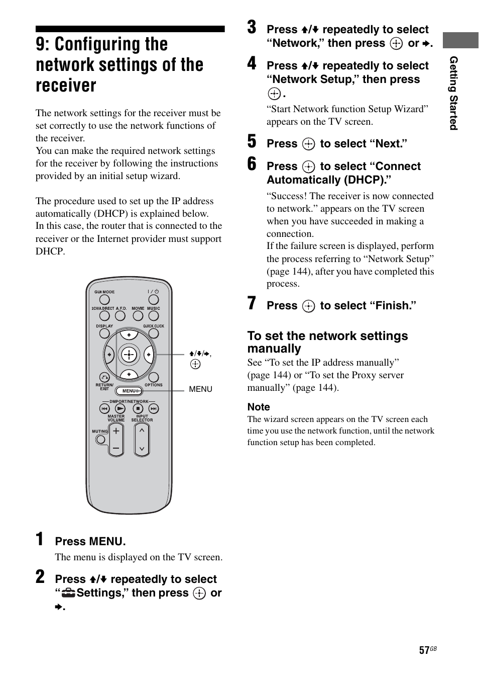 Configuring the network settings of the receiver, Configuring the network settings of the, Receiver | Sony STR-DA5500ES User Manual | Page 57 / 198