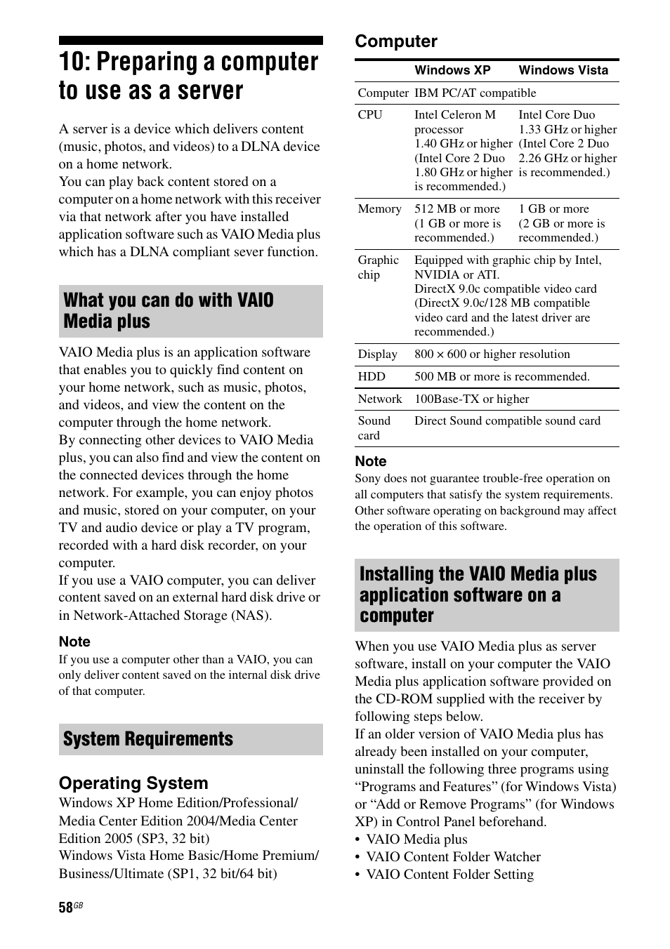 Preparing a computer to use as a server, Preparing a computer to use as a, Server | Operating system, Computer | Sony STR-DA5500ES User Manual | Page 58 / 198
