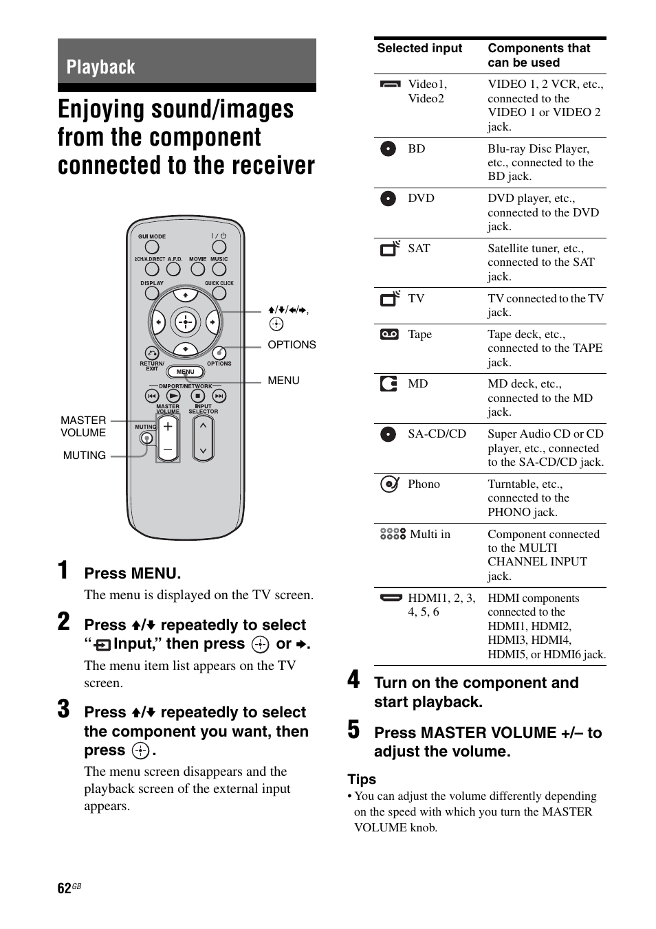 Playback, Enjoying sound/images from the component, Connected to the receiver | Sony STR-DA5500ES User Manual | Page 62 / 198