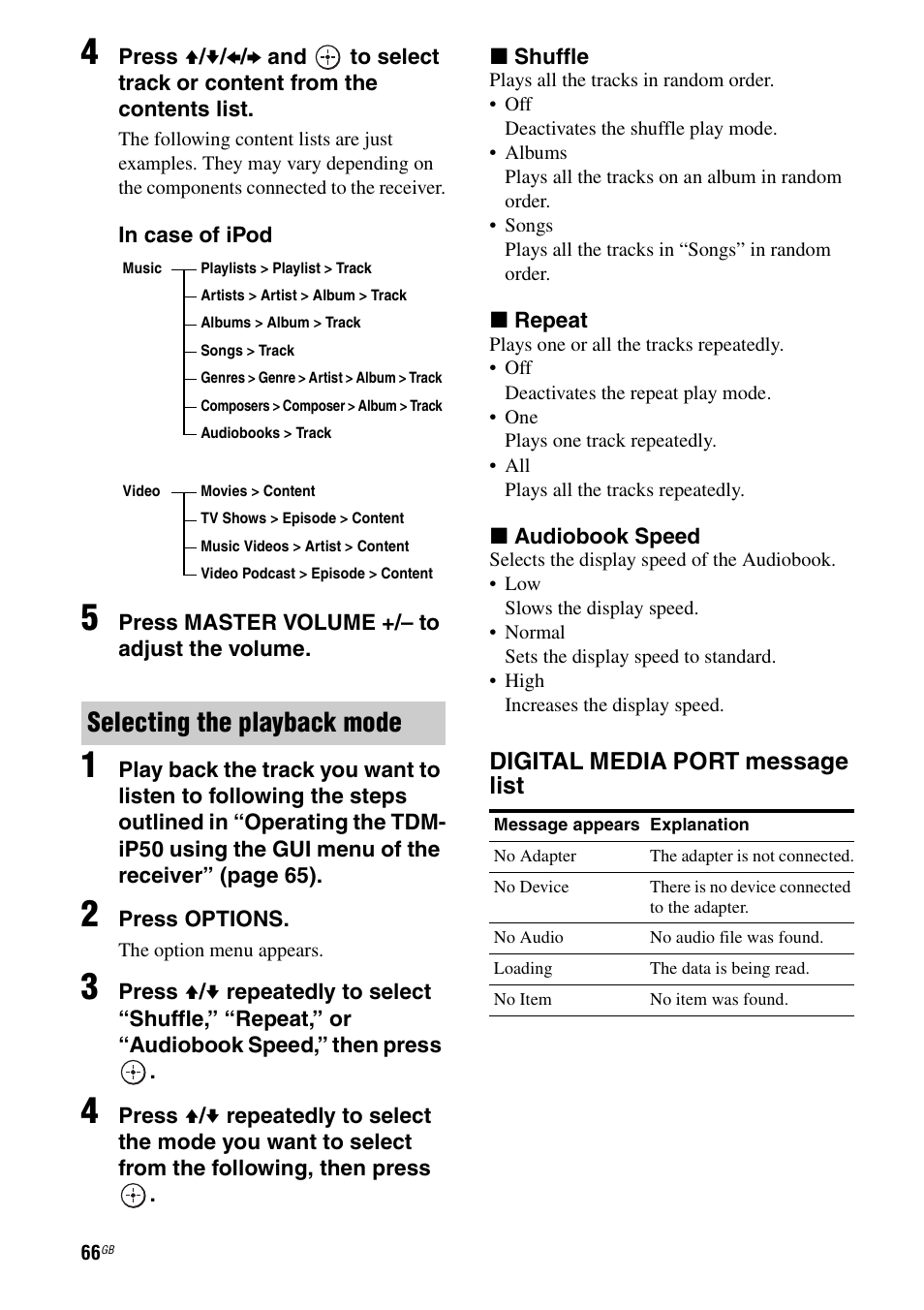 Selecting the playback mode, Digital media port message list | Sony STR-DA5500ES User Manual | Page 66 / 198