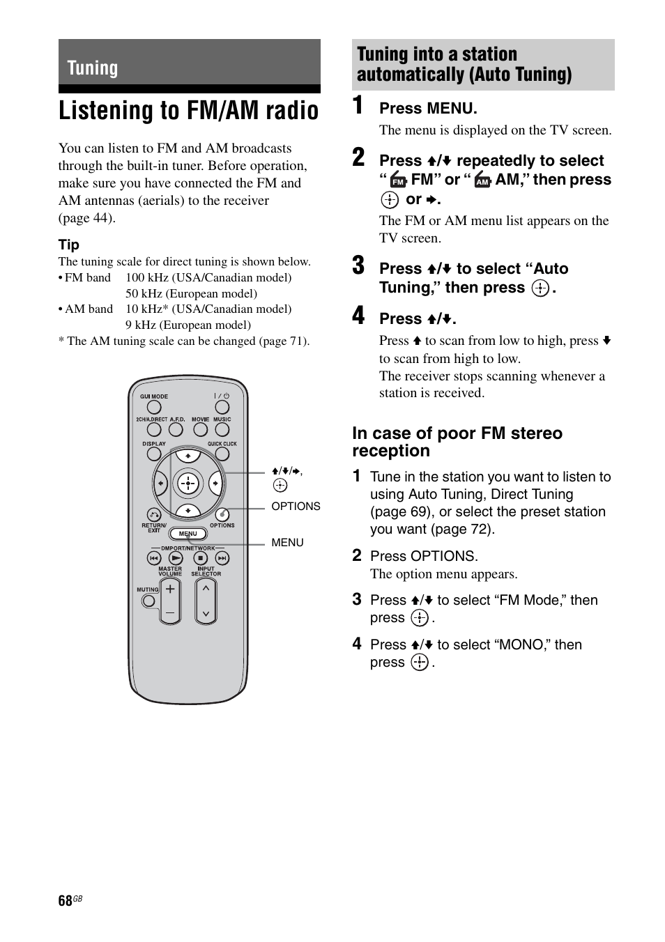 Tuning, Listening to fm/am radio, Tuning into a station automatically (auto tuning) | Sony STR-DA5500ES User Manual | Page 68 / 198