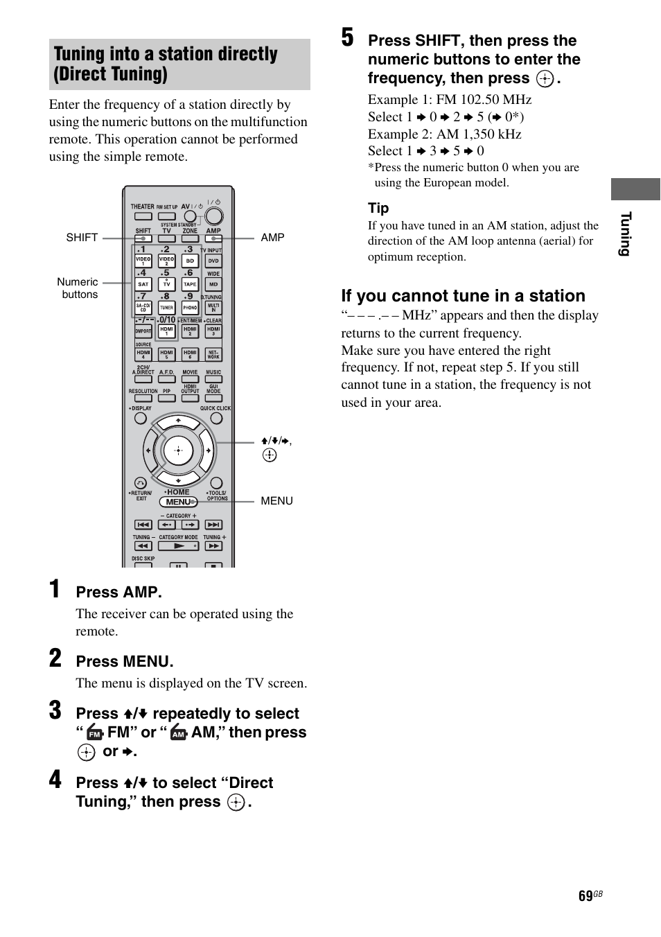 Tuning into a station directly (direct tuning) | Sony STR-DA5500ES User Manual | Page 69 / 198
