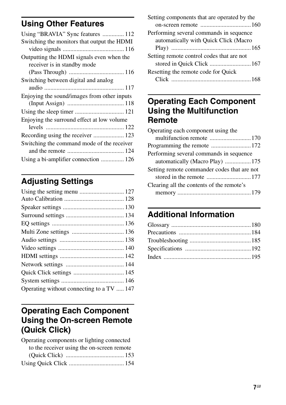 Using other features, Adjusting settings, Additional information | Sony STR-DA5500ES User Manual | Page 7 / 198