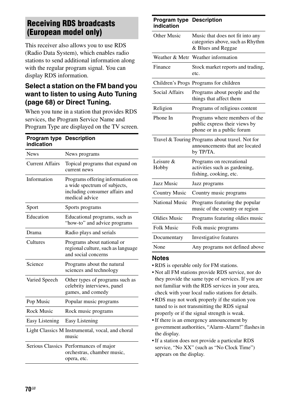 Receiving rds broadcasts (european model only) | Sony STR-DA5500ES User Manual | Page 70 / 198