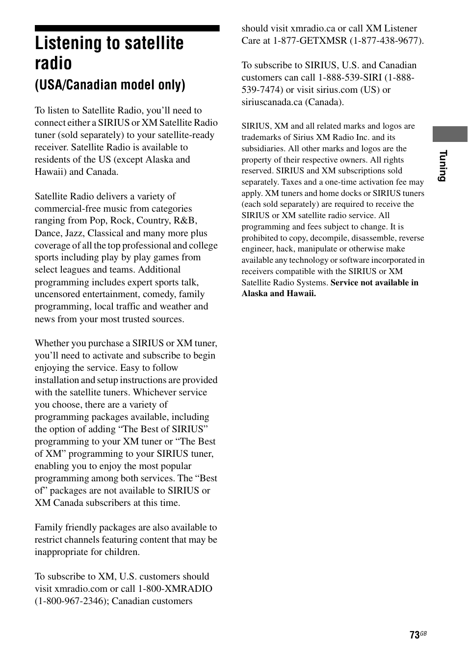 Listening to satellite radio, Usa/canadian model only) | Sony STR-DA5500ES User Manual | Page 73 / 198
