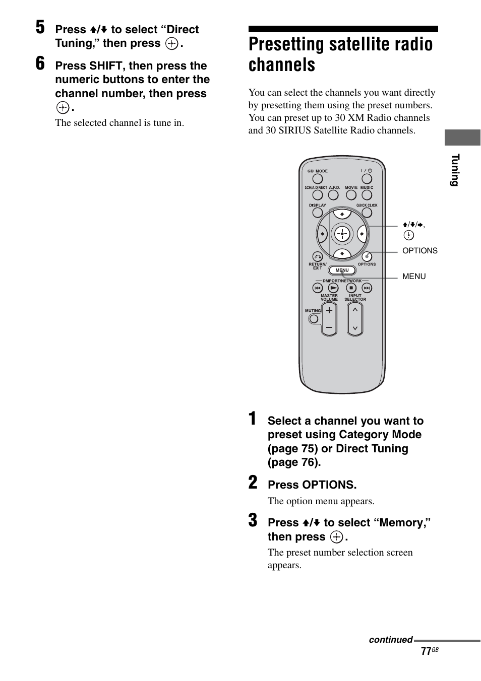 Presetting satellite radio channels | Sony STR-DA5500ES User Manual | Page 77 / 198