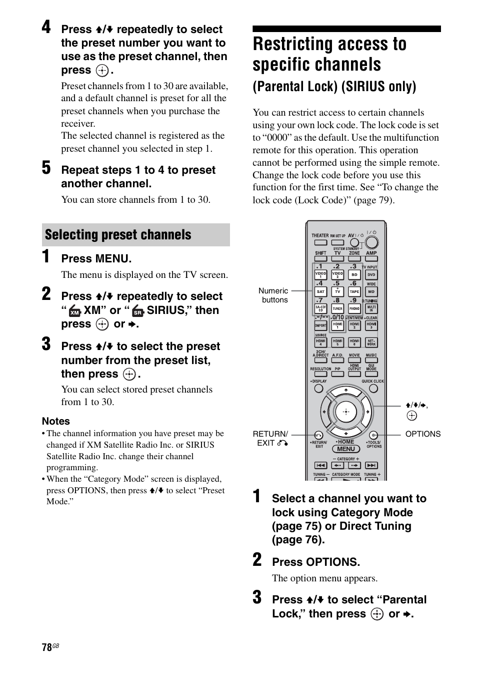 Restricting access to specific channels, Parental lock) (sirius only), Selecting preset channels | Sony STR-DA5500ES User Manual | Page 78 / 198