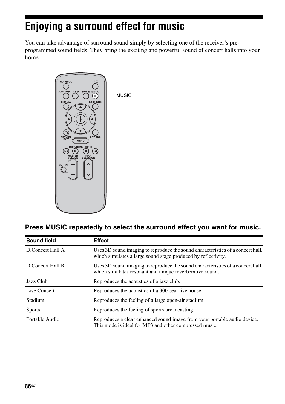 Enjoying a surround effect for music | Sony STR-DA5500ES User Manual | Page 86 / 198