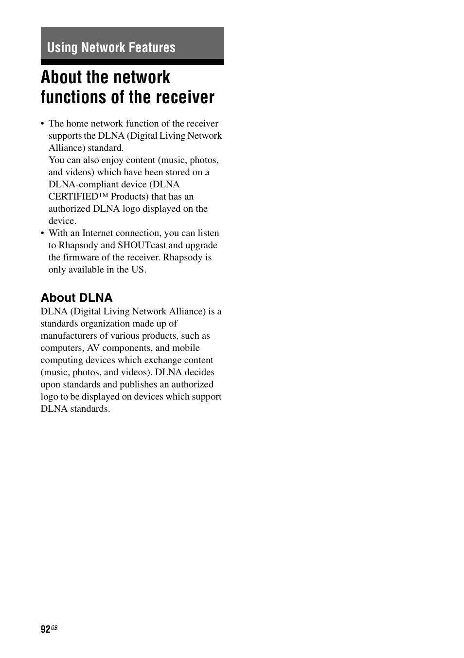 Using network features, About the network functions of the receiver, About the network functions of the | Receiver | Sony STR-DA5500ES User Manual | Page 92 / 198