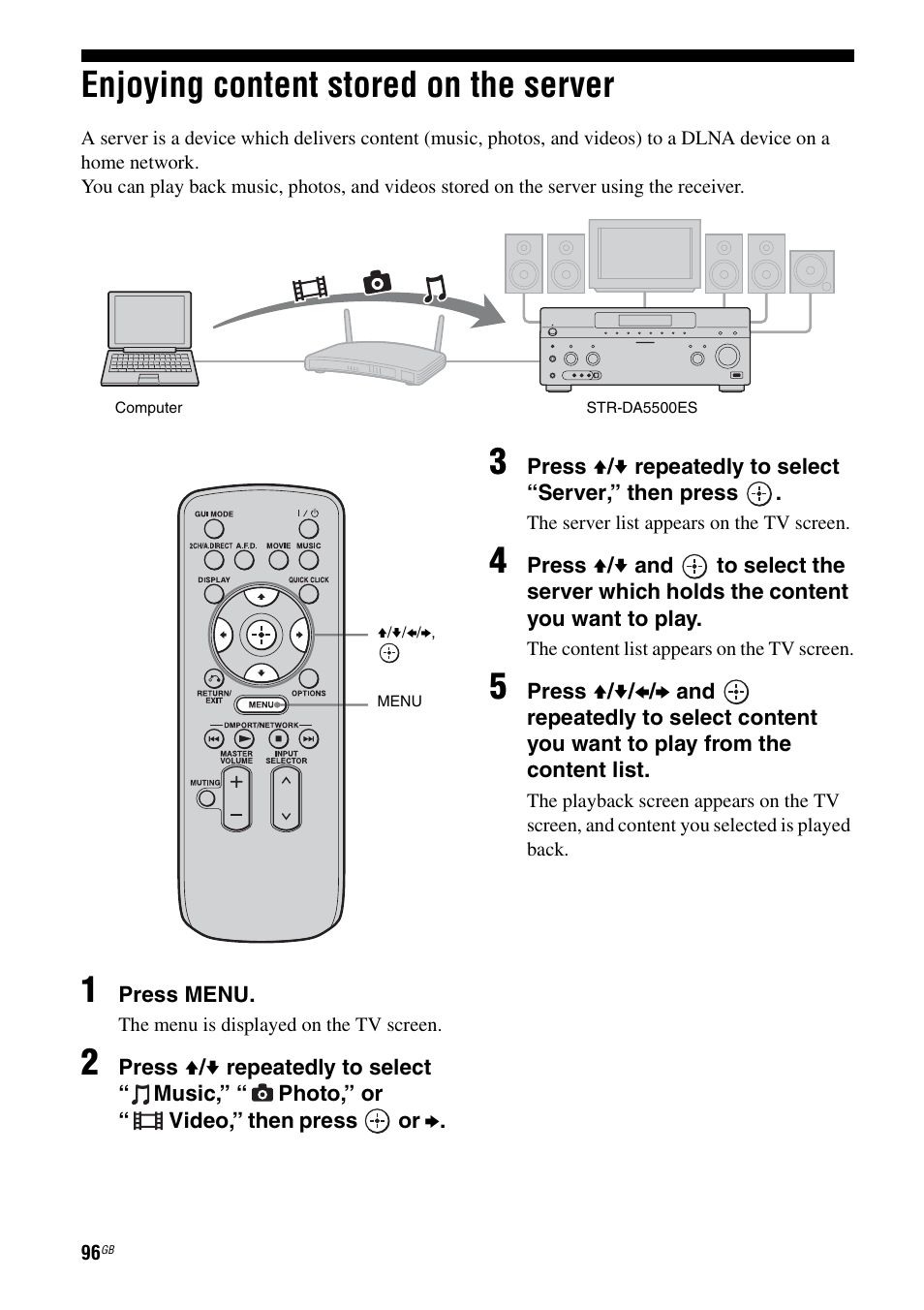 Enjoying content stored on the server | Sony STR-DA5500ES User Manual | Page 96 / 198