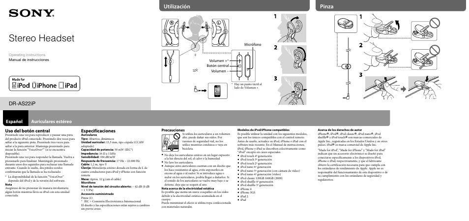 Stereo headset, Utilización pinza, Dr-as22ip | Uso del botón central, Especificaciones, Español auriculares estéreo | Sony DR-AS22iP User Manual | Page 2 / 2