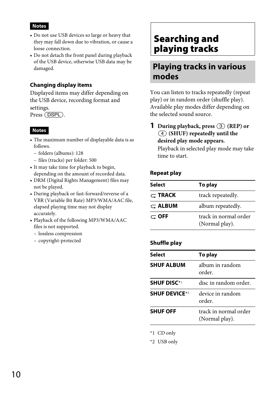 Searching and playing tracks, Playing tracks in various modes | Sony CDX-GT40UW User Manual | Page 10 / 48