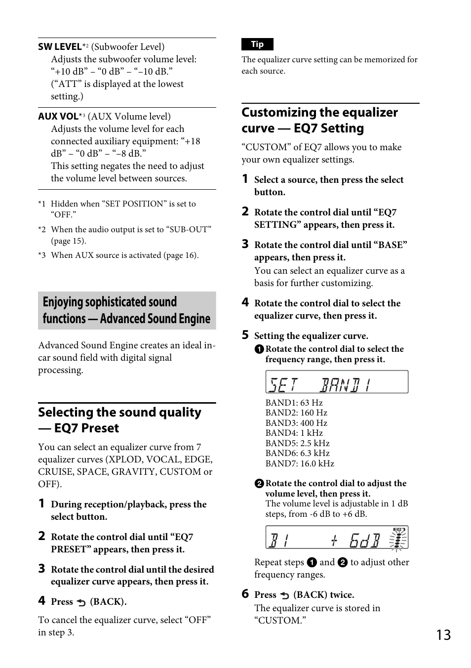 Selecting the sound quality — eq7 preset, Customizing the equalizer curve — eq7 setting | Sony CDX-GT40UW User Manual | Page 13 / 48