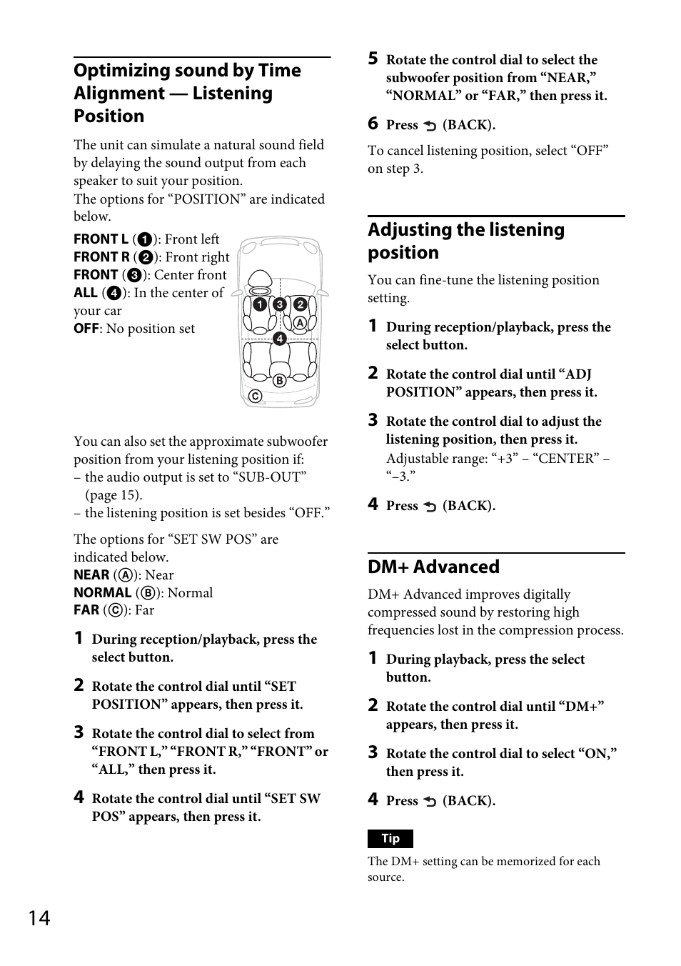 Adjusting the listening position, Dm+ advanced | Sony CDX-GT40UW User Manual | Page 14 / 48