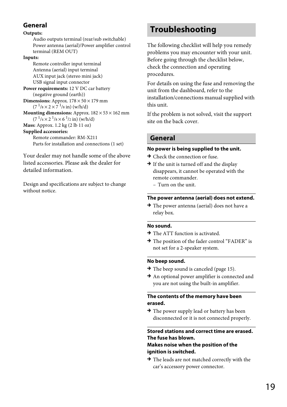 Troubleshooting, General | Sony CDX-GT40UW User Manual | Page 19 / 48