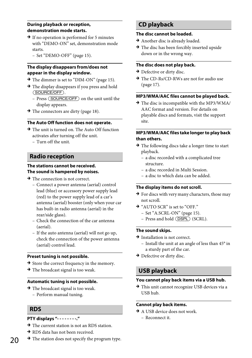 Radio reception, Cd playback, Usb playback | Sony CDX-GT40UW User Manual | Page 20 / 48