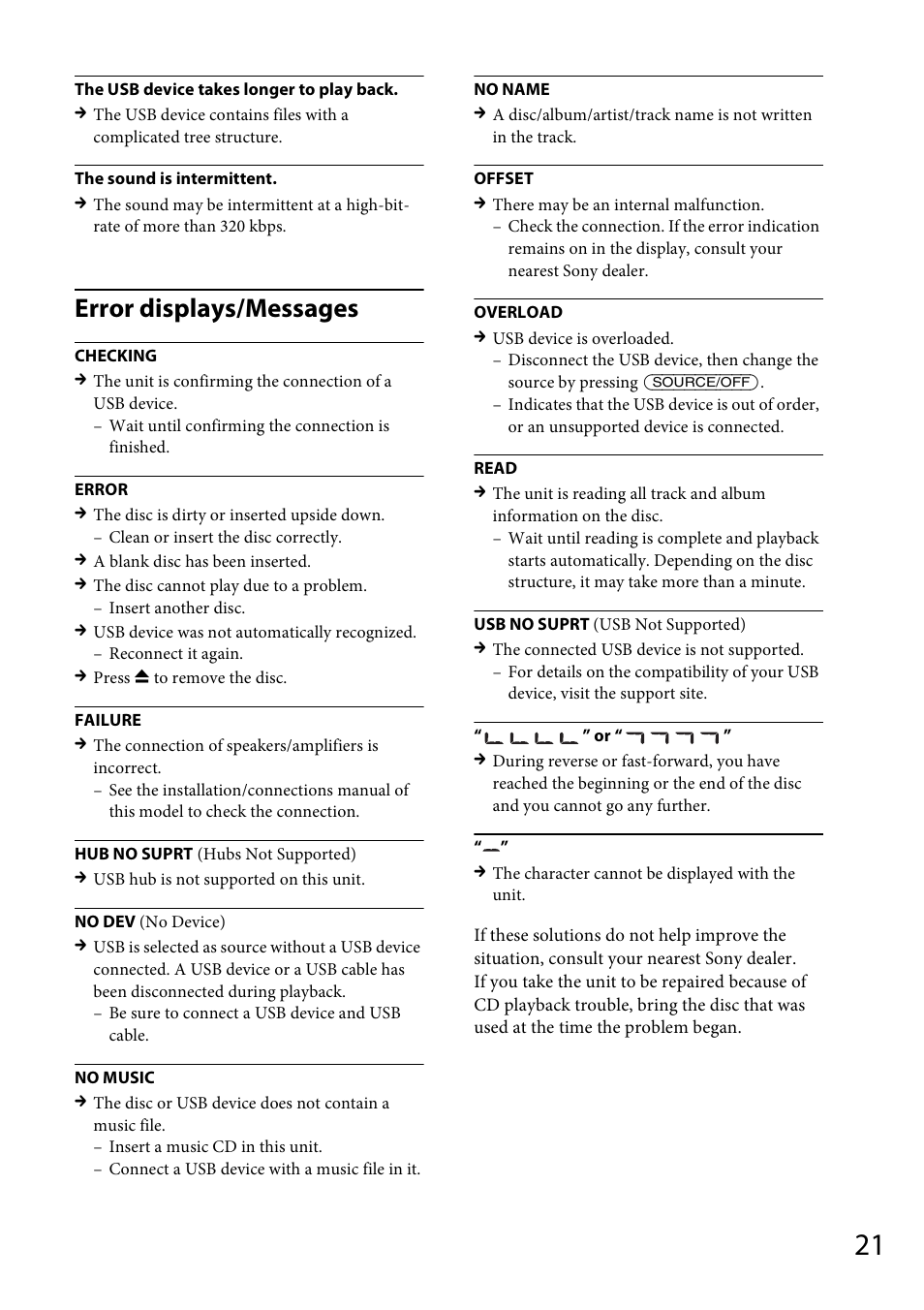 Error displays/messages | Sony CDX-GT40UW User Manual | Page 21 / 48