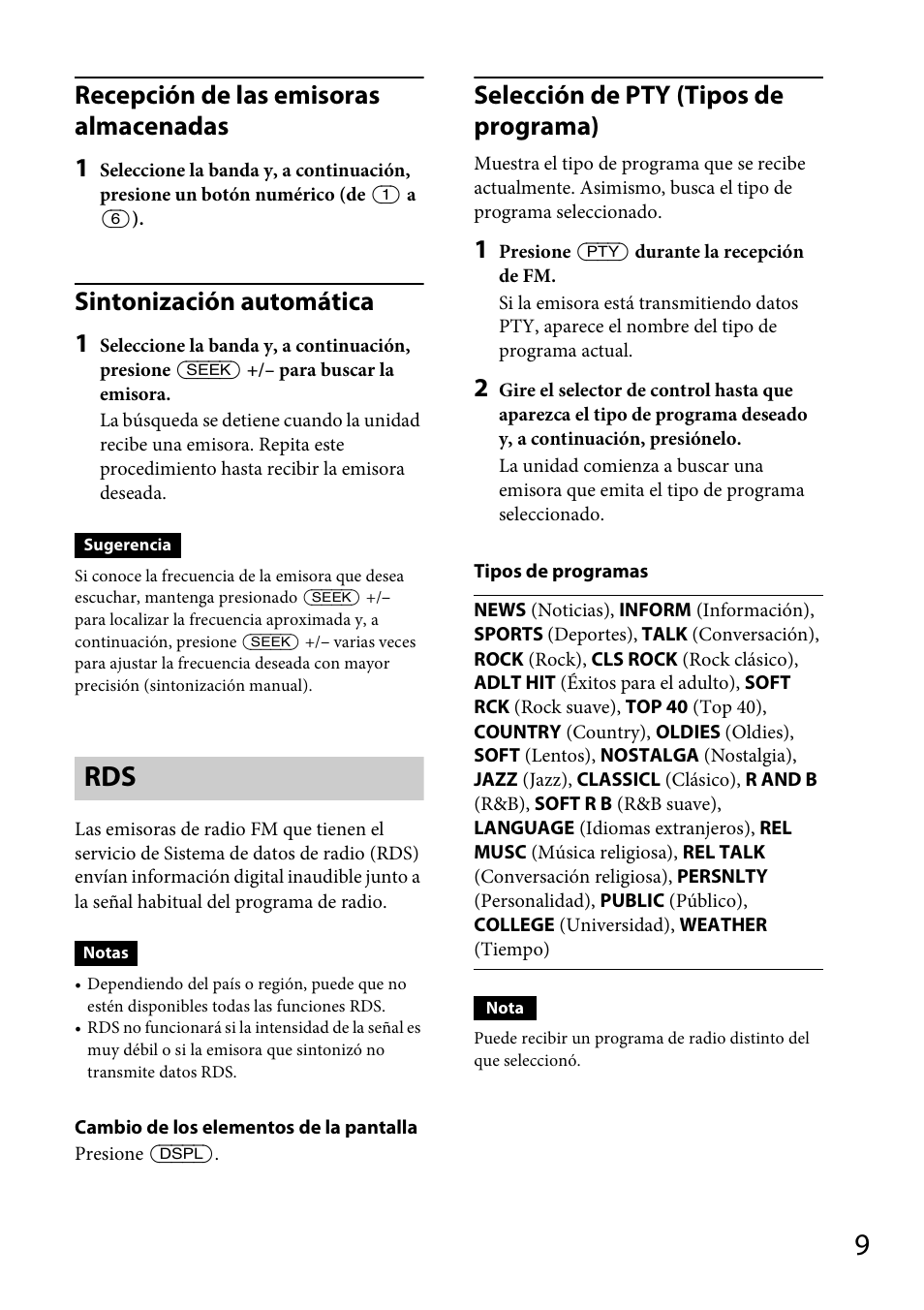 Recepción de las emisoras almacenadas 1, Sintonización automática 1, Selección de pty (tipos de programa) | Sony CDX-GT40UW User Manual | Page 29 / 48