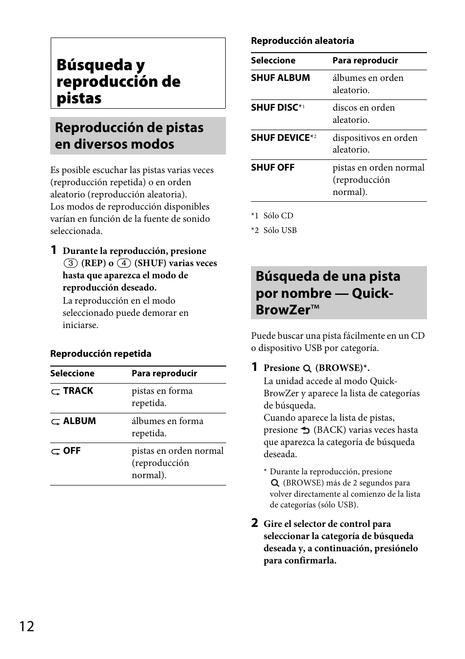 Búsqueda y reproducción de pistas, Reproducción de pistas en diversos modos, Búsqueda de una pista por nombre — quick- browzer | Sony CDX-GT40UW User Manual | Page 32 / 48