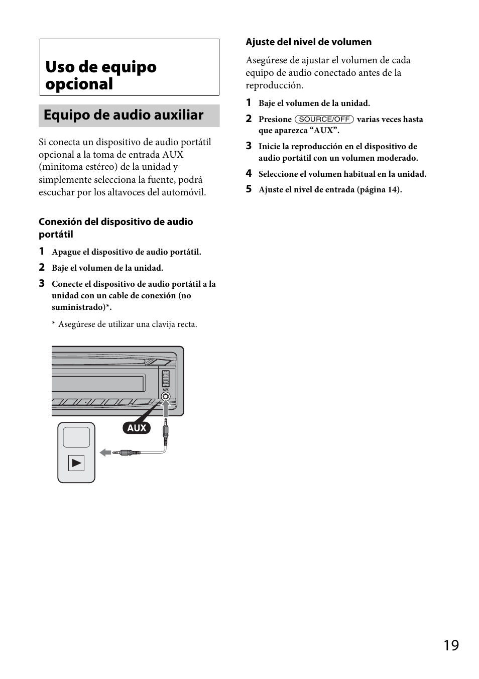 Uso de equipo opcional, Equipo de audio auxiliar | Sony CDX-GT40UW User Manual | Page 39 / 48