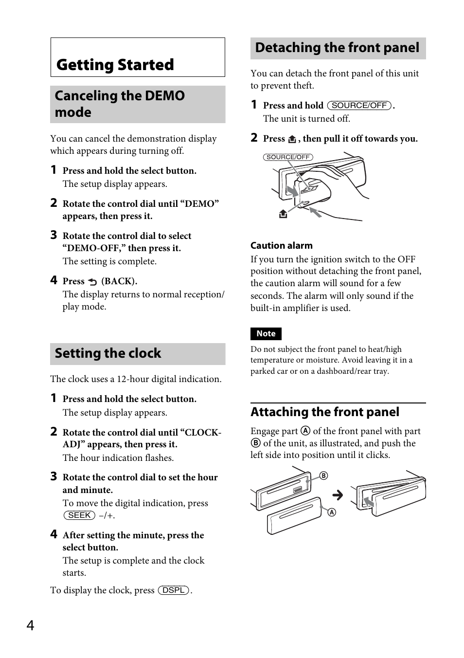 Getting started, Canceling the demo mode, Setting the clock | Detaching the front panel, Attaching the front panel | Sony CDX-GT40UW User Manual | Page 4 / 48