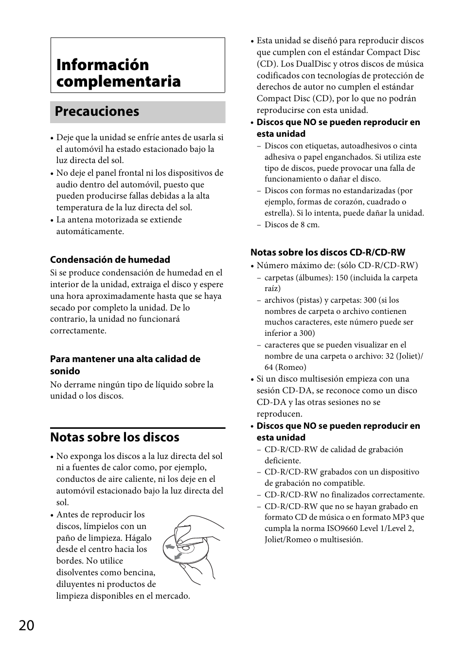 Información complementaria, Precauciones, Notas sobre los discos | Sony CDX-GT40UW User Manual | Page 40 / 48
