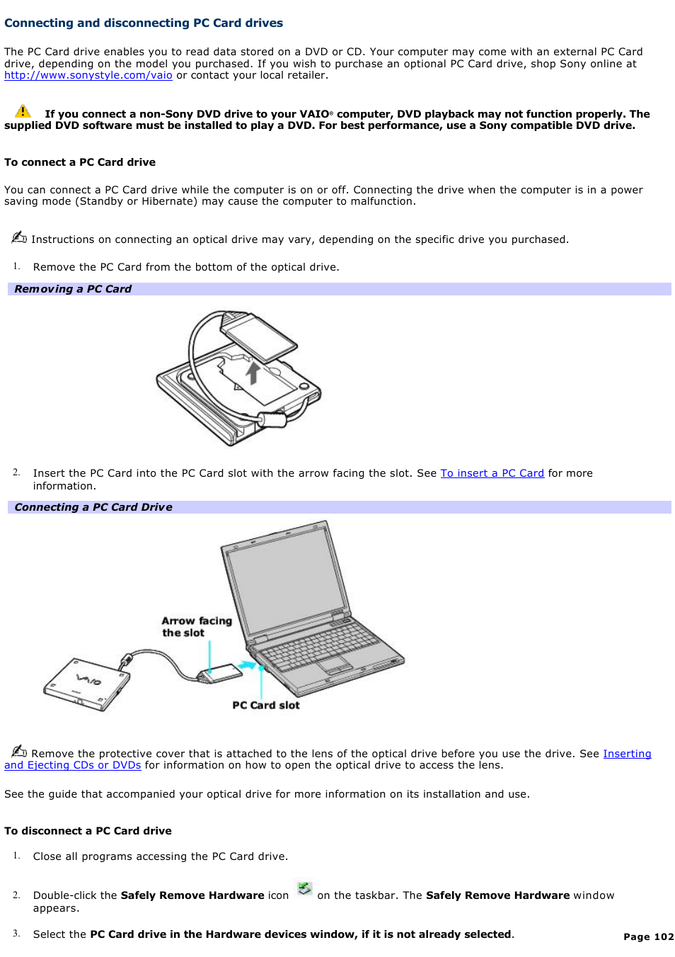 Connecting and disconnecting pc card drives | Sony PCG-GRZ630 User Manual | Page 102 / 164