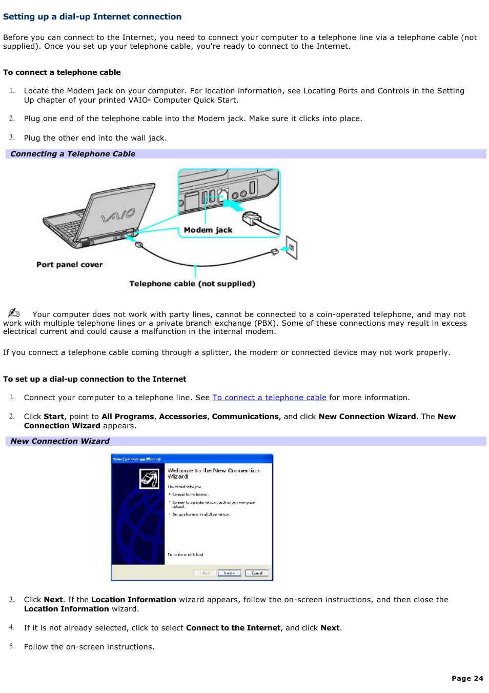 Setting up a dial-up internet connection | Sony PCG-GRZ630 User Manual | Page 24 / 164