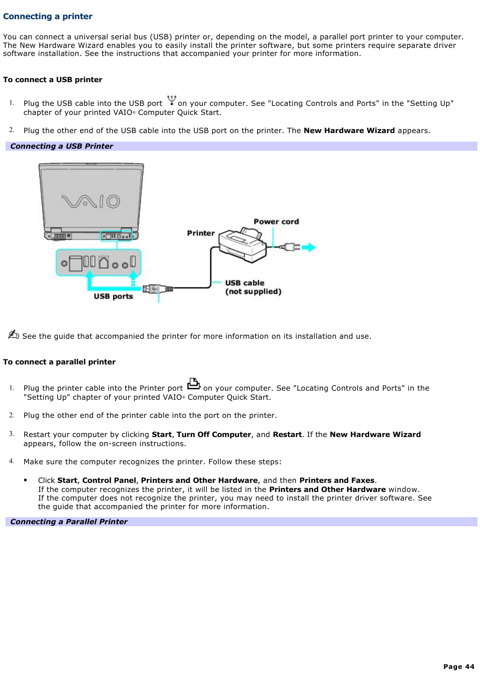 Connecting a printer | Sony PCG-GRZ630 User Manual | Page 44 / 164