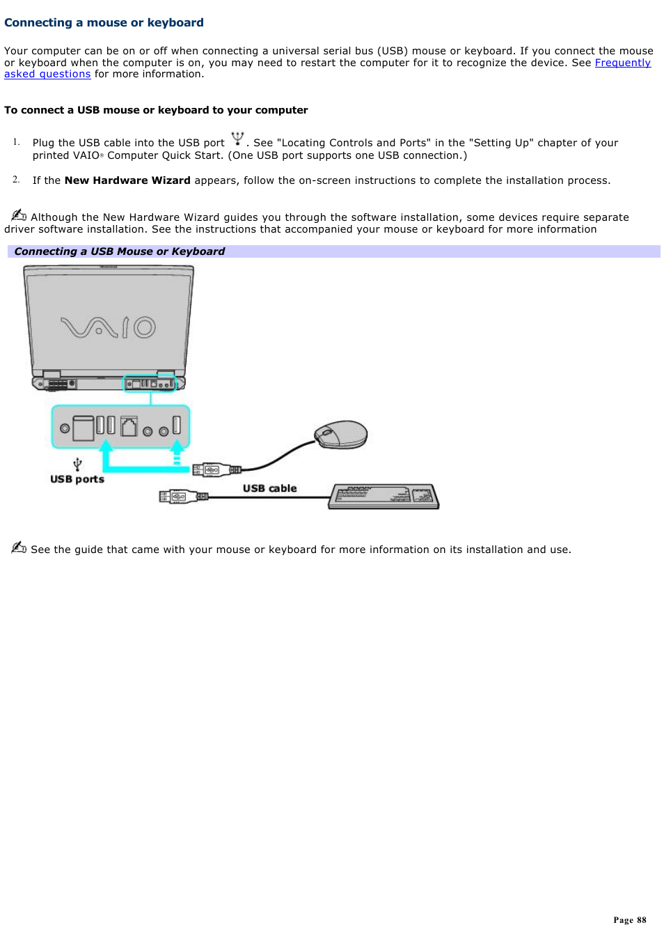 Connecting a mouse or keyboard | Sony PCG-GRZ630 User Manual | Page 88 / 164