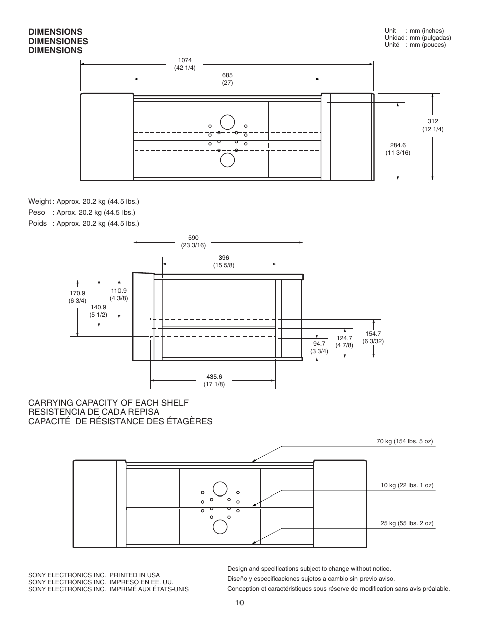 Dimensions dimensiones dimensions | Sony KP 46WT500 User Manual | Page 10 / 12