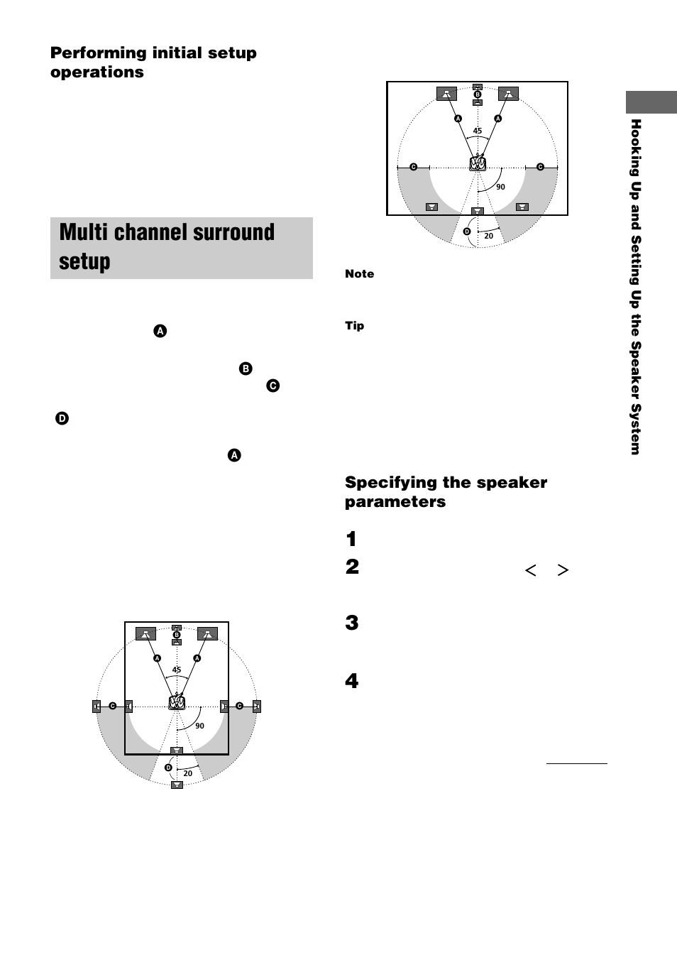 Multi channel surround setup, Performing initial setup operations, Specifying the speaker parameters | Sony STR-DE1075 User Manual | Page 17 / 56