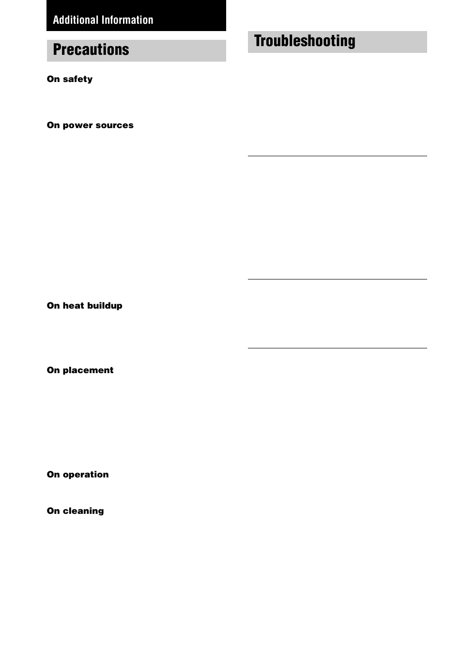 Additional information, Precautions, Troubleshooting | Sony STR-DE1075 User Manual | Page 44 / 56