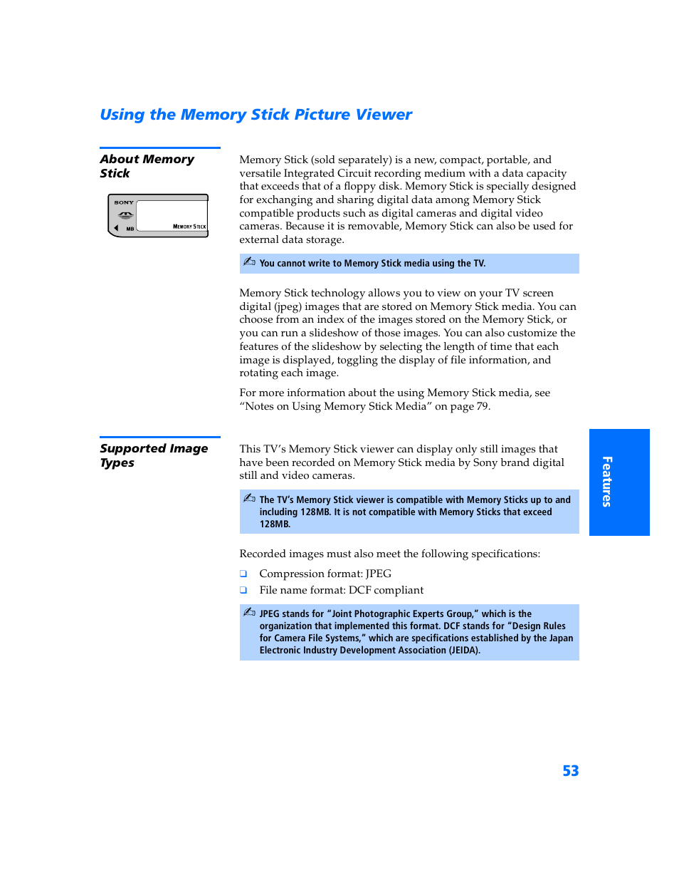 Using the memory stick picture viewer, About memory stick, Supported image types | Sony KV-32HV600 User Manual | Page 54 / 89