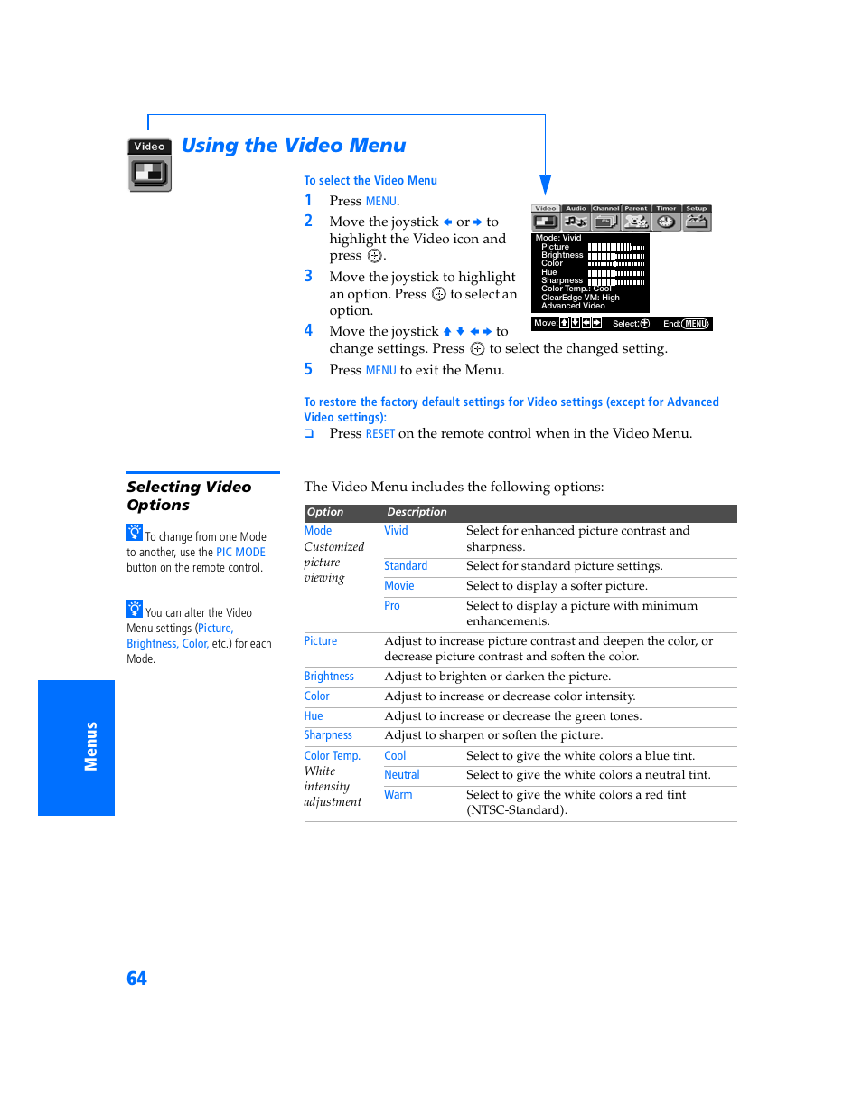 Using the video menu, Selecting video options | Sony KV-32HV600 User Manual | Page 65 / 89