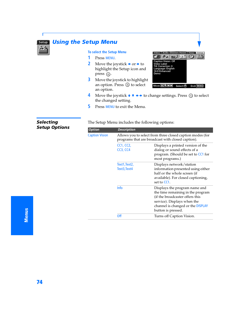 Using the setup menu, Selecting setup options | Sony KV-32HV600 User Manual | Page 75 / 89