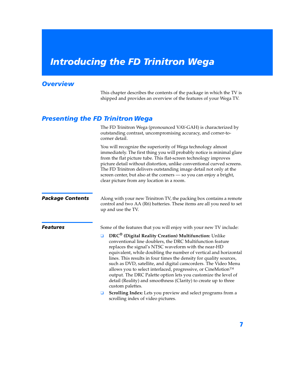 Introducing the fd trinitron wega, Overview, Presenting the fd trinitron wega | Package contents, Features, Overview presenting the fd trinitron wega, Package contents features, Presenting the fd trinitron, Wega | Sony KV-32HV600 User Manual | Page 8 / 89