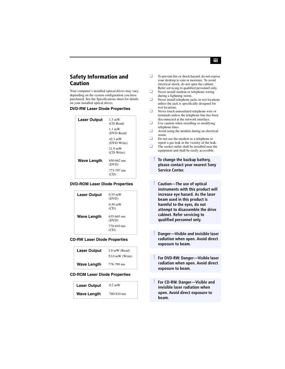 Safety information and caution | Sony PCV-RX690G User Manual | Page 3 / 98