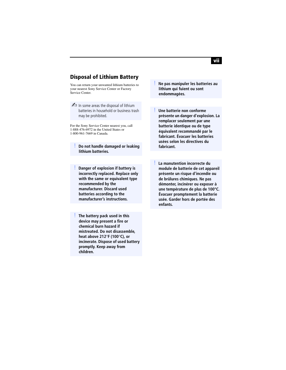 Disposal of lithium battery | Sony PCV-RX690G User Manual | Page 7 / 98