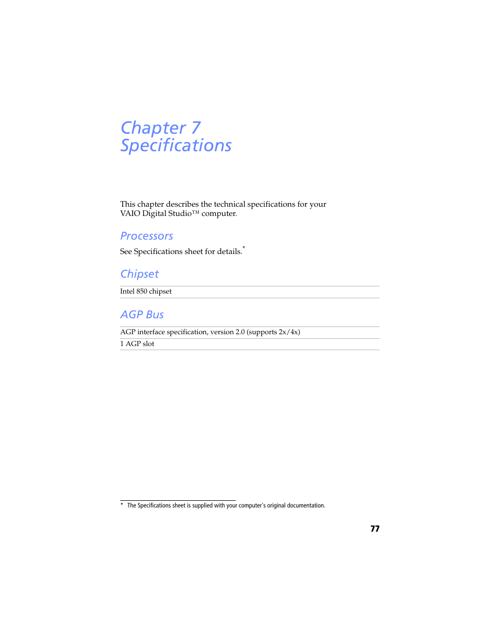 Specifications, Processors, Chipset | Agp bus, Chapter 7 — specifications, Processors chipset agp bus, Chapter 7 specifications, Chipset agp bus | Sony PCV-RX690G User Manual | Page 89 / 98