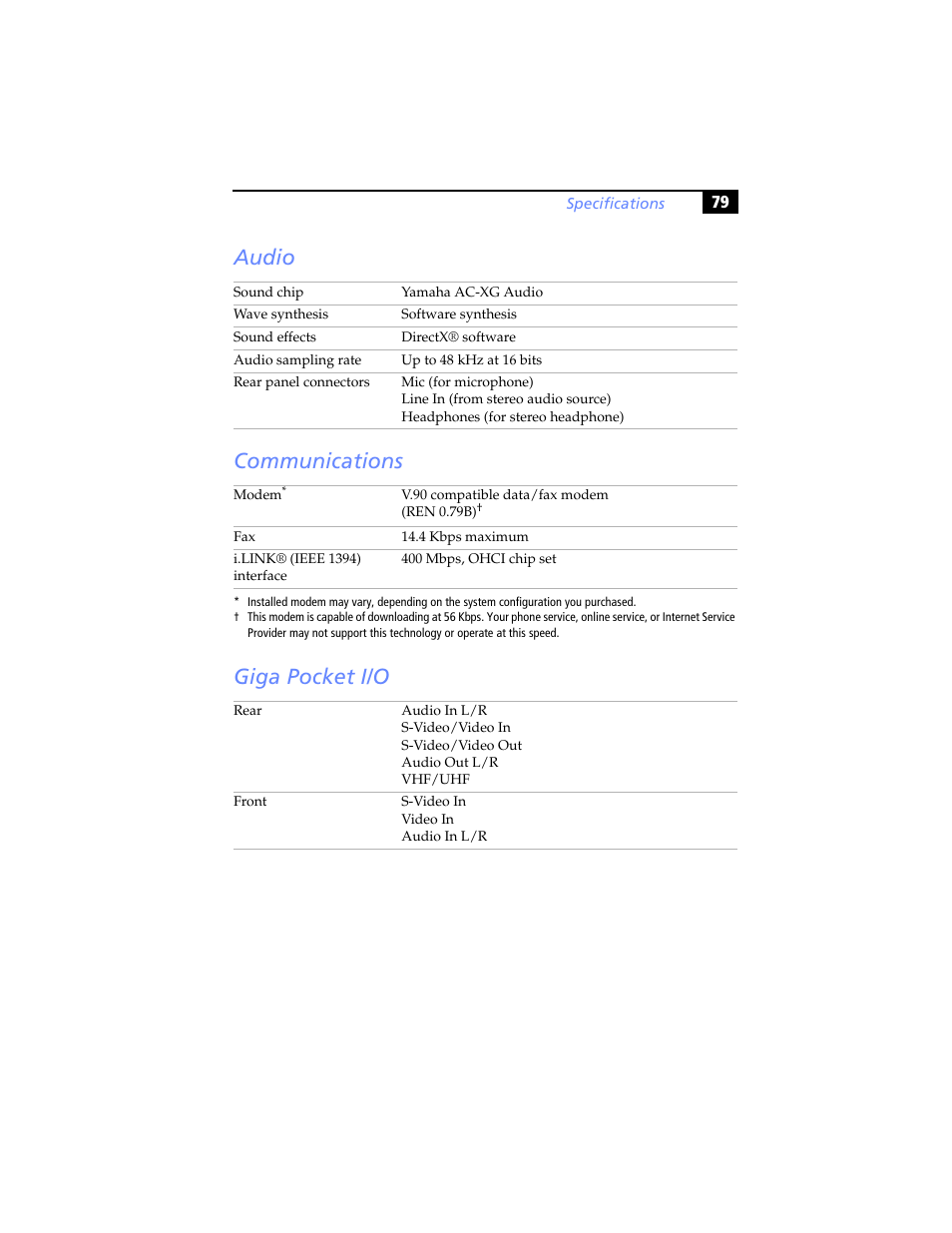 Audio, Communications, Giga pocket i/o | Audio communications giga pocket i/o | Sony PCV-RX690G User Manual | Page 91 / 98