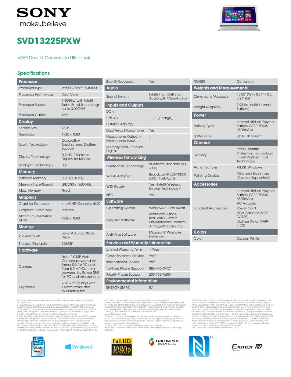 Sony SVD13225PXW User Manual | 1 page