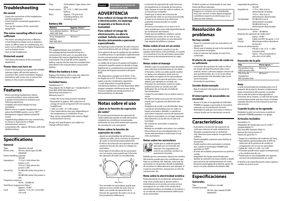 Advertencia, Notas sobre el uso, Resolución de problemas | Características, Especificaciones, Troubleshooting, Features, Specifications | Sony MDR-NC8 User Manual | Page 2 / 2